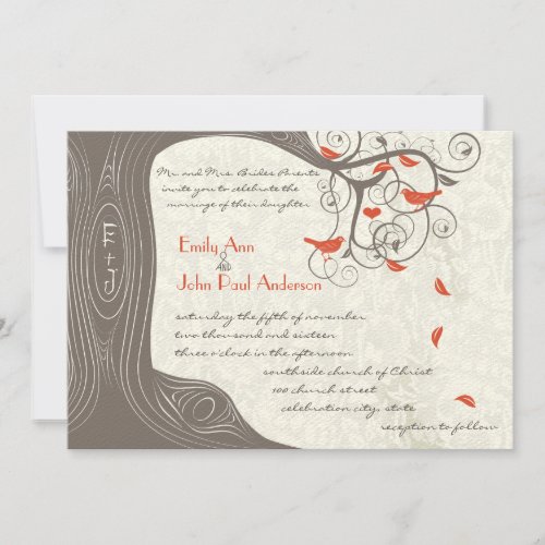 Romantic Tree Coral  Love Bird Wedding Invitations