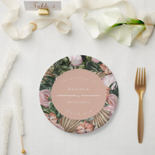 Romantic Tropical Floral soft Pink Green peach Paper Plates
