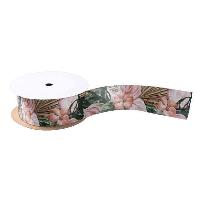 Romantic Tropical Floral soft Pink Green peach  Satin Ribbon (Spool)