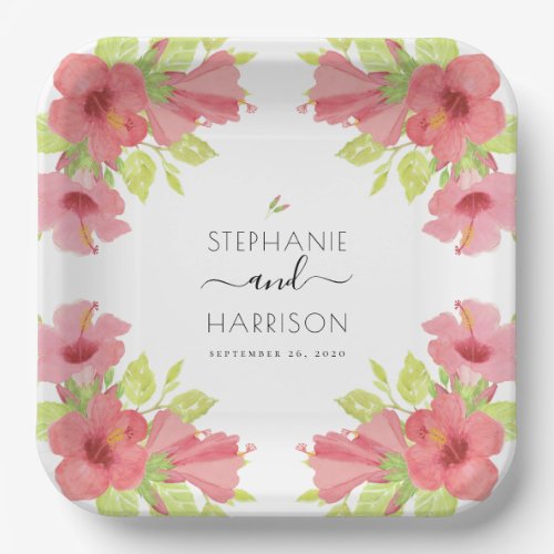 Romantic Tropical Flowers Framed Wedding Square Paper Plates