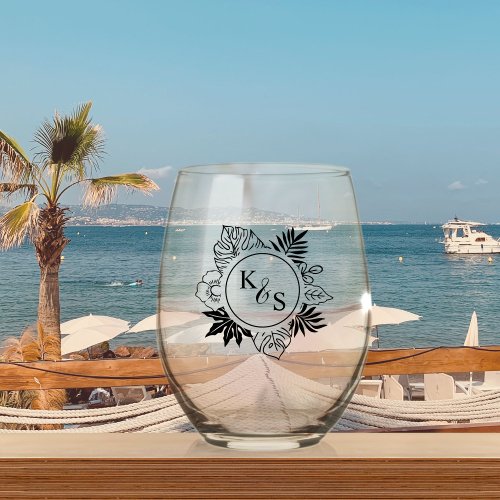 Romantic Tropical Greenery Wedding Stemless Wine Glass