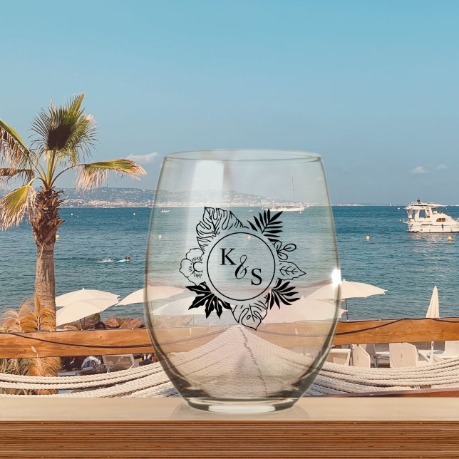 Romantic Tropical Greenery Wedding Stemless Wine Glass (Creator Uploaded)