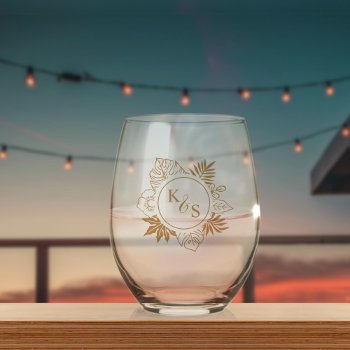 Romantic Tropical Greenery Wedding Stemless Wine Glass by splendidsummer at Zazzle