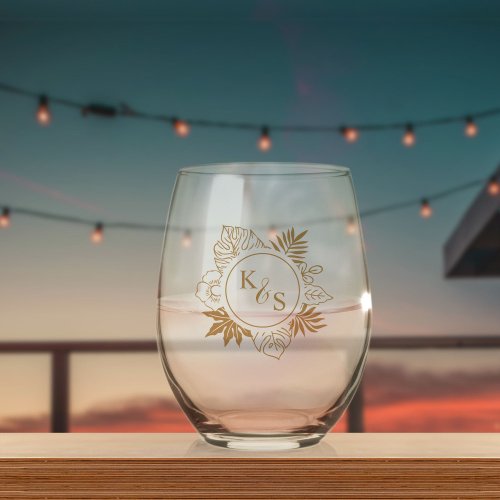 Romantic Tropical Greenery Wedding Stemless Wine Glass