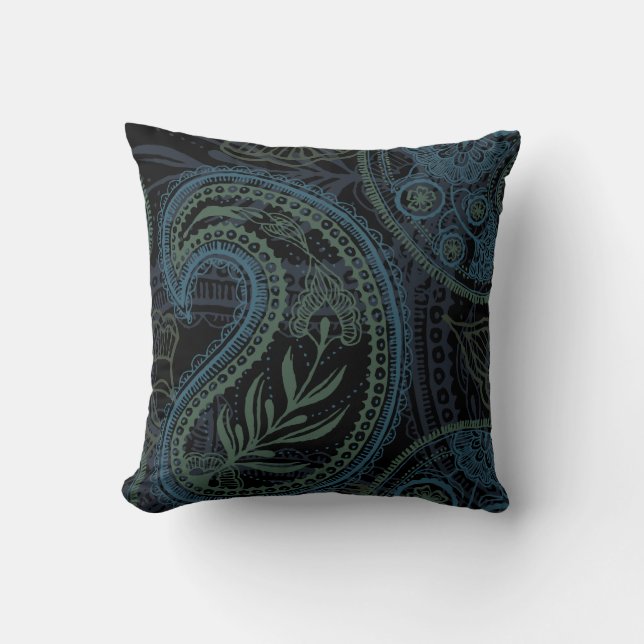 Romantic Turquoise, Blue & Green Paisley Throw Pillow (Front)