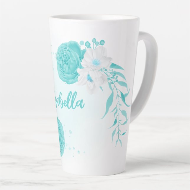 romantic turquoise flowers latte mug (Right Angle)