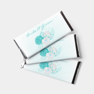 romantic turquoise flowers wedding  hershey bar favors