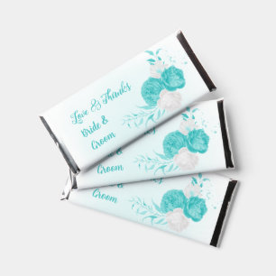 romantic turquoise flowers wedding  hershey bar favors