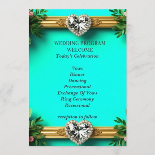 Romantic Turquoise Pink Rose Wedding Ceremony Program