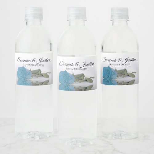 Romantic Turquoise Sky Blue Rose Elegant Wedding Water Bottle Label