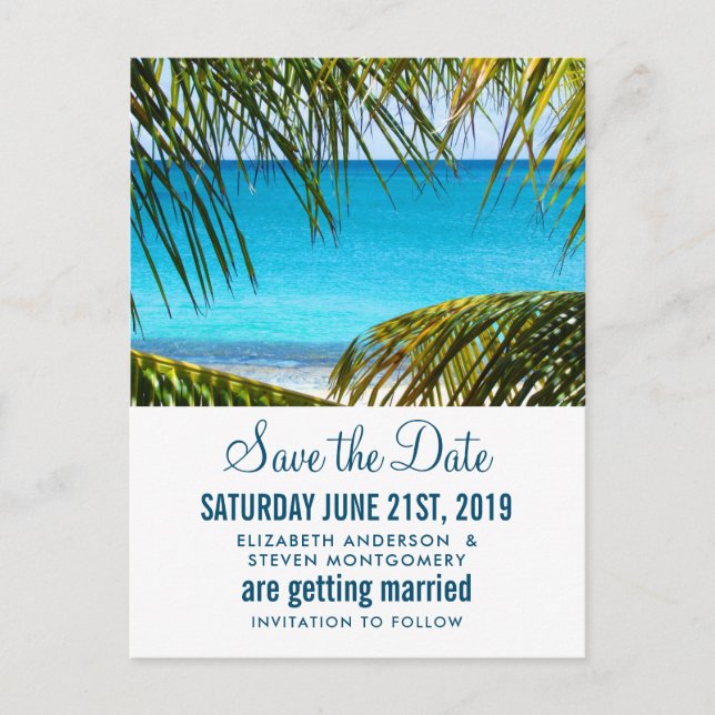 Romantic Turquoise Tropical Beach Save the Date Postcard (Front)