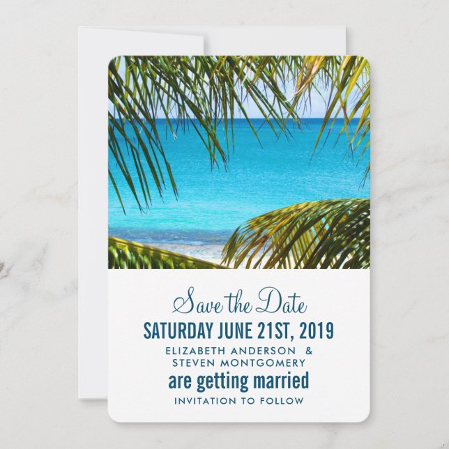 Romantic Turquoise Tropical Beach Wedding Save The Date (Front)