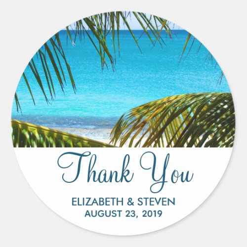 Romantic Turquoise Tropical Beach Wedding Thanks Classic Round Sticker