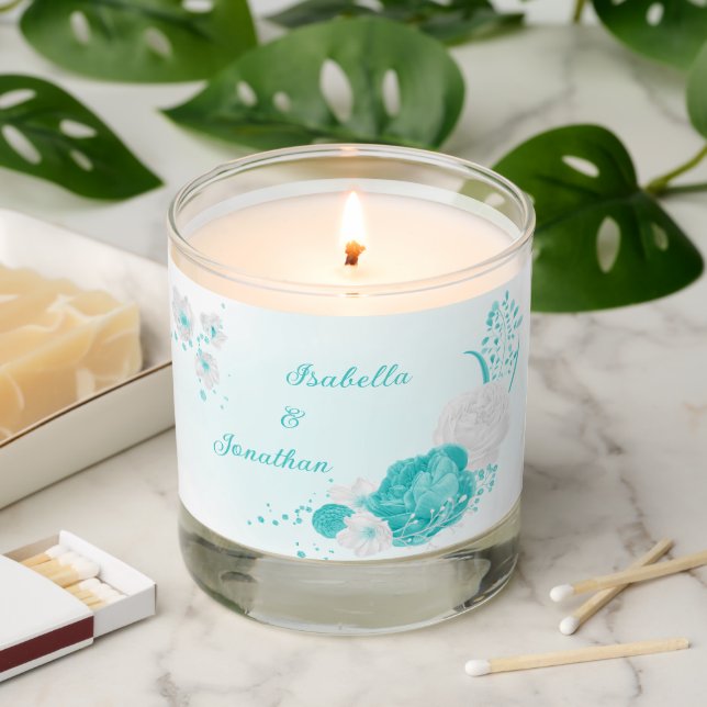romantic turquoise white flowers botanical wedding scented candle (Lit)