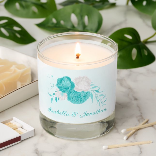 romantic turquoise white flowers botanical wedding scented candle (Lit)