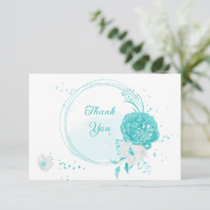 romantic turquoise white flowers botanical wedding thank you card