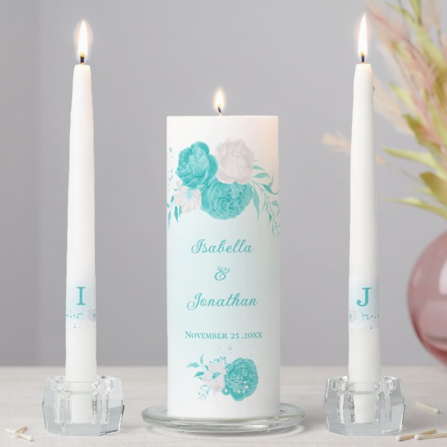 romantic turquoise white flowers botanical wedding unity candle set (In Situ)