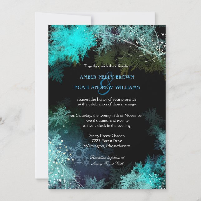 Romantic Turquoise Winter Forest Wedding Invitation (Front)