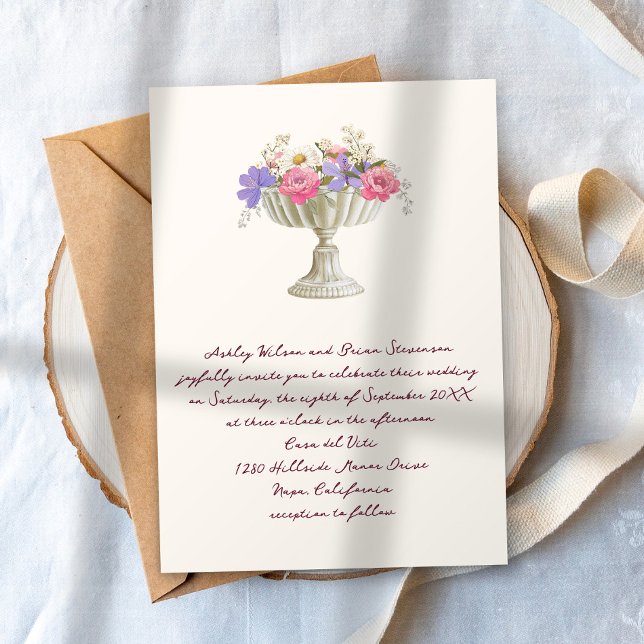 Romantic Tuscan Garden Urn with Flowers Wedding Invitation (Creator Uploaded)
