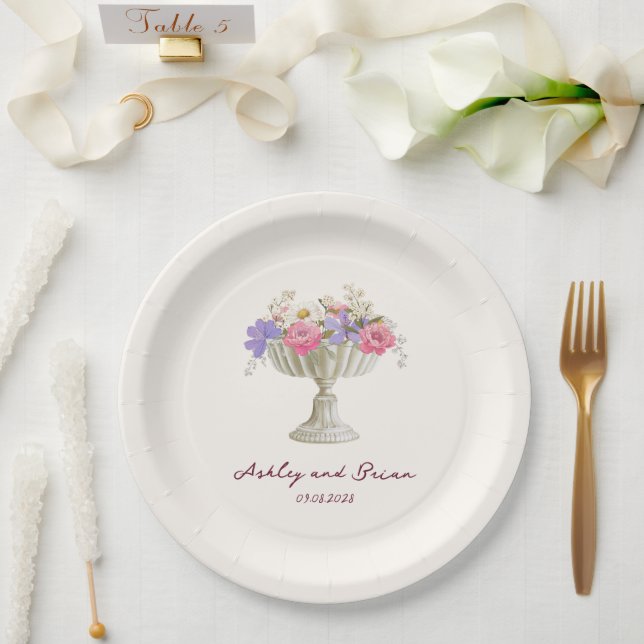 Romantic Tuscan Garden Urn with Flowers Wedding Paper Plates (Wedding)