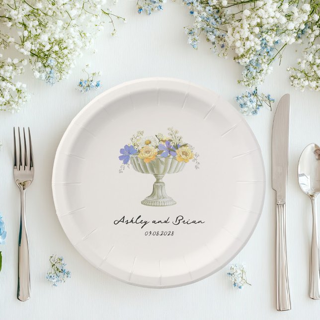 Romantic Tuscan Garden Urn with Flowers Wedding Paper Plates (Creator Uploaded)