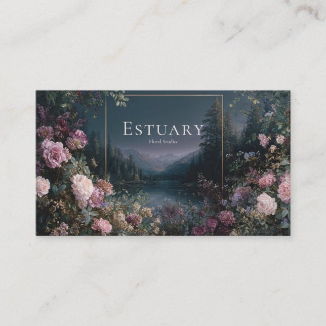Romantic Twilight Floral and Starry Mountain Lake  Business Card (Front)
