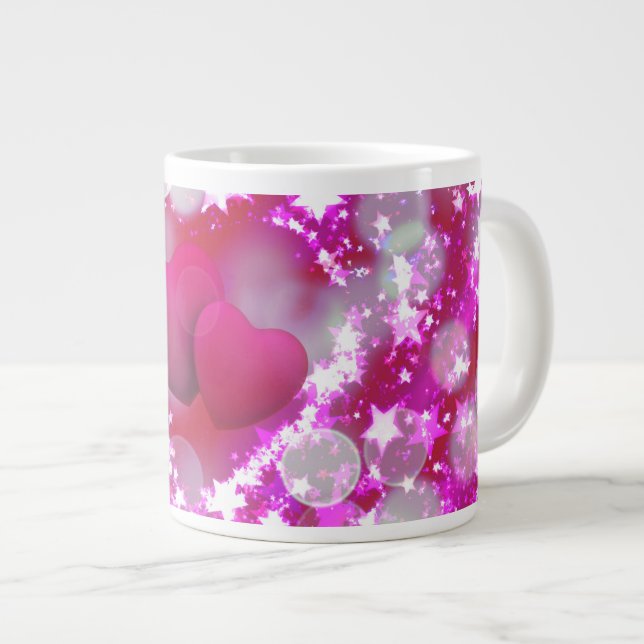 Romantic Twin Heart Sparkling Star Valentine's Day Large Coffee Mug (Front Right)