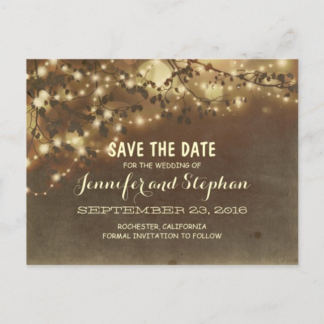 romantic twinkle lights save the date postcards (Front)