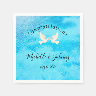 Romantic - two doves with pink heart on blue napkins