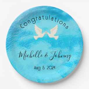 Romantic - two doves with pink heart on blue paper plates