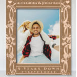 Romantic Two Heart Scroll Newlywed Wedding Photo   Engraved Frames<br><div class="desc">Romantic Two Hearts Scroll Newlywed Wedding Photo Laser Etched Wood Frames. Bride and Groom's Names at top of frame with a heart in each top corner. Five Years Down and Forever to Go at the bottom. Perfect for newlyweds 1st Christmas or for A 5th Wedding Anniversary Gift, according to tradition...</div>