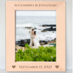 Romantic Two Hearts Newlywed Wedding Photo  Etched Frames<br><div class="desc">Romantic Two Hearts Newlywed Wedding Photo Laser Etched Wood Frames, . Bride and Groom's Names at top of frame with wedding date at the bottom with two hearts at each bottom corner. Perfect for newlyweds 1st Christmas or for A 5th Wedding Anniversary Gift, according to tradition wood symbolizes the depth...</div>