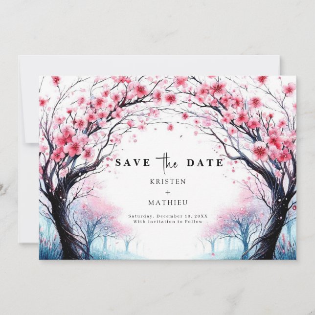 Romantic Typography Cherry Blossom Wedding Save The Date (Front)