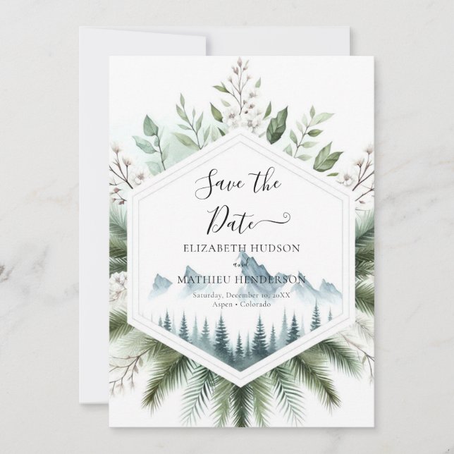 Romantic Typography Mountain Wedding Save The Date (Front)