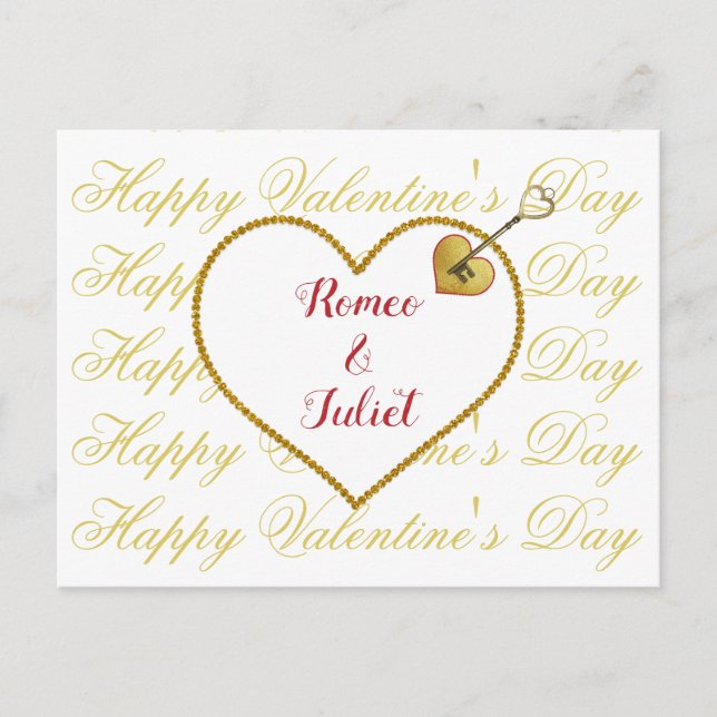 Romantic Typography Red Gold Heart Valentines Day Holiday Postcard (Front)