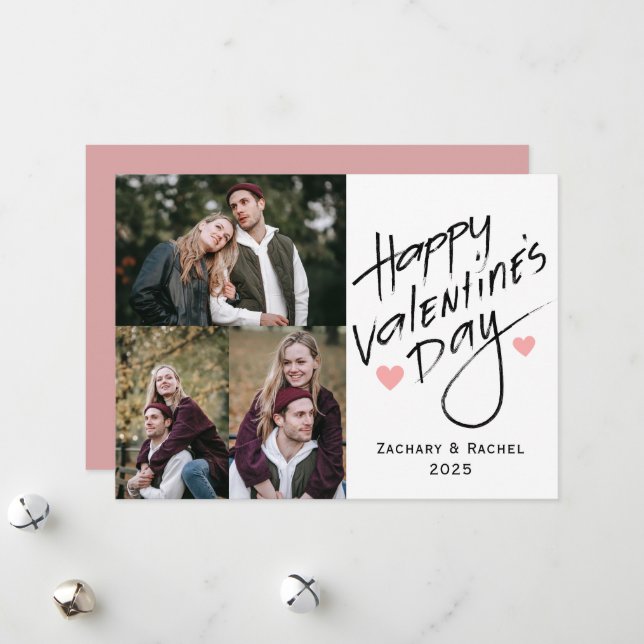 Romantic Typography Valentines day couple 3 photo Holiday Card (Front/Back In Situ)
