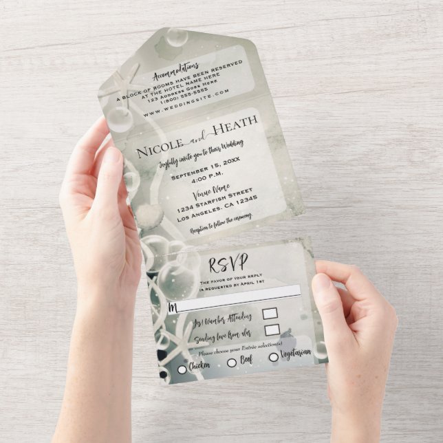 Romantic Under the Sea Inky Grey White Wedding  All In One Invitation (Tearaway)