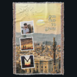Romantic Vacation Photo Collage Design Throw Blanket<br><div class="desc">Capture your favorite travel memories with this customizable romantic vacation photo collage design. Featuring a golden sunset over a beautiful European cityscape, this layout includes three photo frames for your own images and editable text that reads “Our trip to Spain”—perfectly changeable to match any destination or personal story. Whether you're...</div>