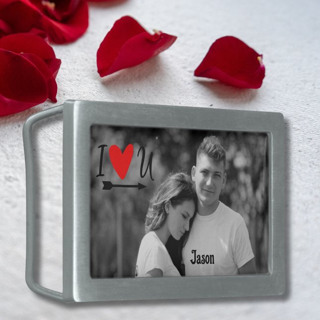 Romantic Valentine Couple Photo I Red Heart U Name Belt Buckle (Creator Uploaded)