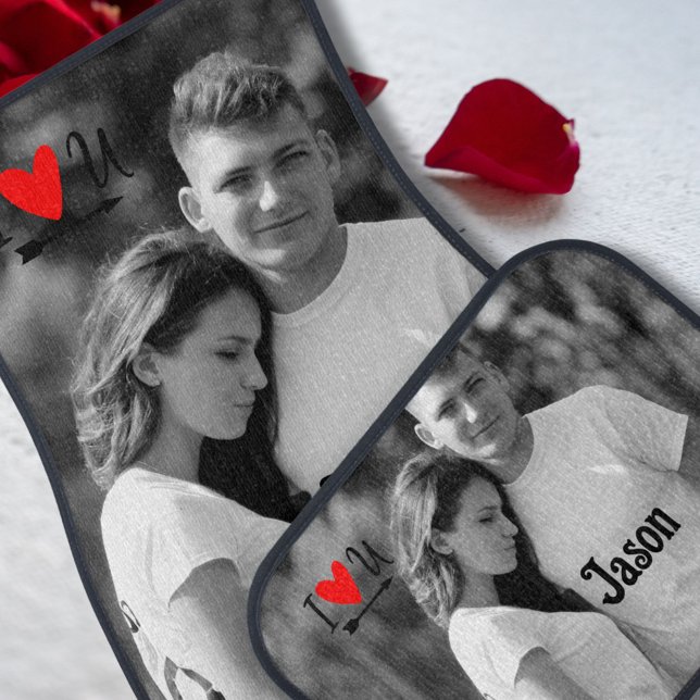 Romantic Valentine Couple Photo I Red Heart U Name Car Floor Mat (Creator Uploaded)