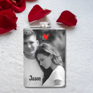 Romantic Valentine Couple Photo I Red Heart U Name Flask