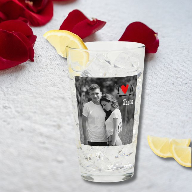 Romantic Valentine Couple Photo I Red Heart U Name Glass (Creator Uploaded)