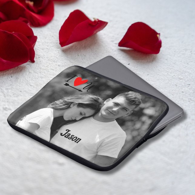 Romantic Valentine Couple Photo I Red Heart U Name Laptop Sleeve (Creator Uploaded)