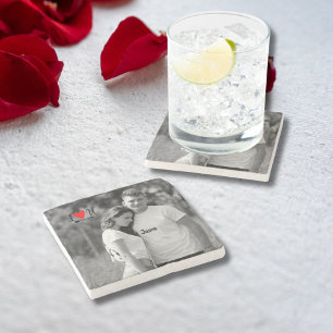 Romantic Valentine Couple Photo I Red Heart U Name Stone Coaster