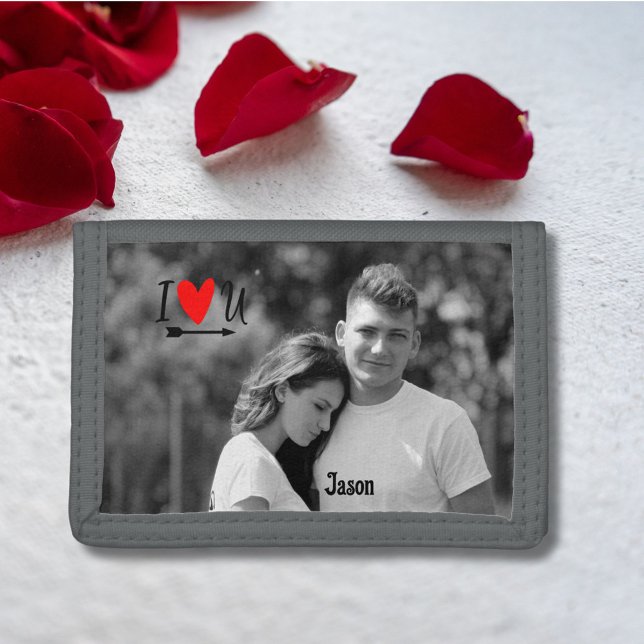 Romantic Valentine Couple Photo I Red Heart U Name Trifold Wallet (Creator Uploaded)