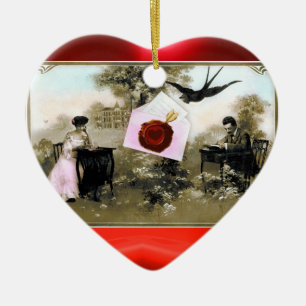 ROMANTIC VALENTINE LETTER ,RED WAX SEAL MONOGRAM CERAMIC ORNAMENT