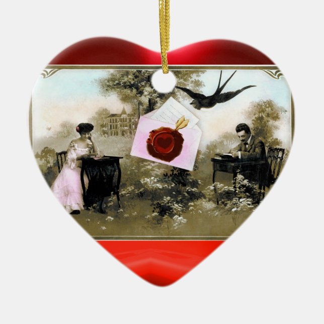 ROMANTIC VALENTINE LETTER ,RED WAX SEAL MONOGRAM CERAMIC ORNAMENT (Front)