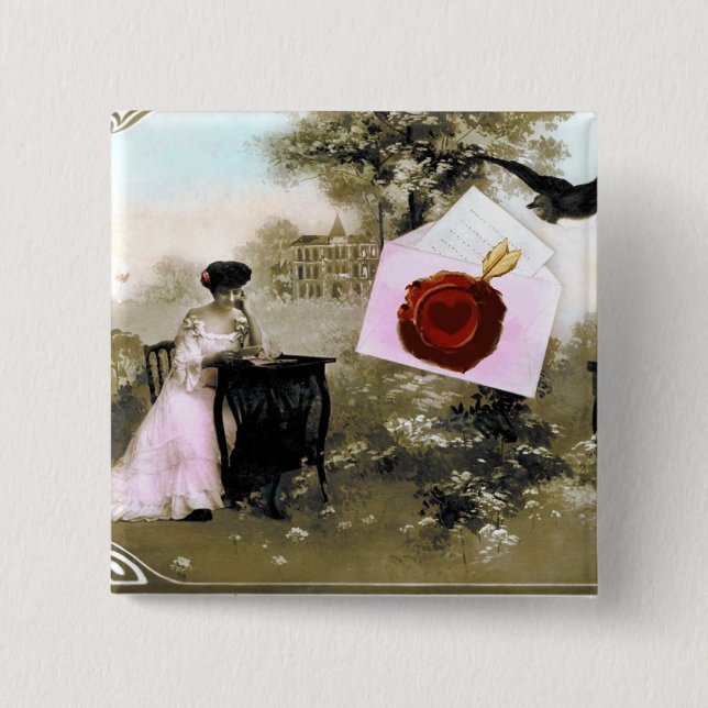 ROMANTIC VALENTINE LETTER ,RED WAX SEAL PINBACK BUTTON (Front)