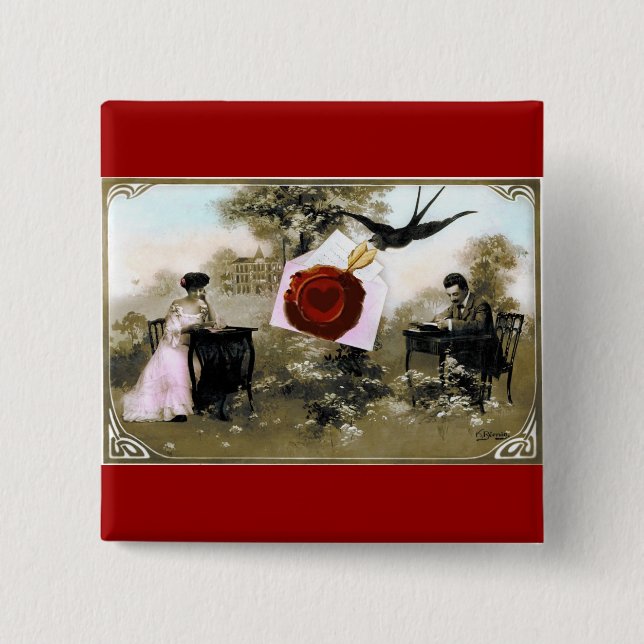 ROMANTIC VALENTINE LETTER ,RED WAX SEAL PINBACK BUTTON (Front)