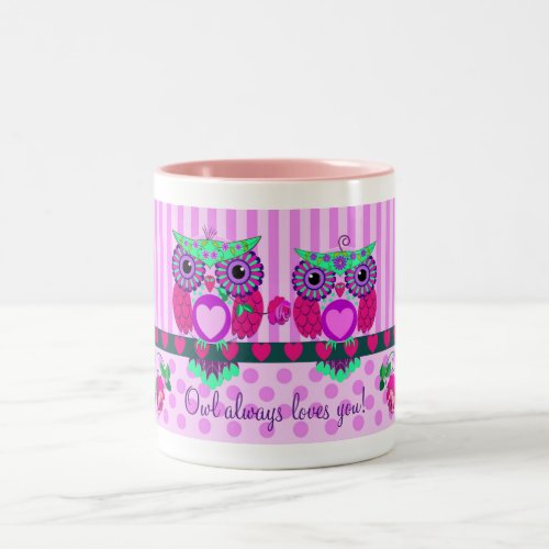 Romantic Valentine Owl Patterns custom Text Two_Tone Coffee Mug
